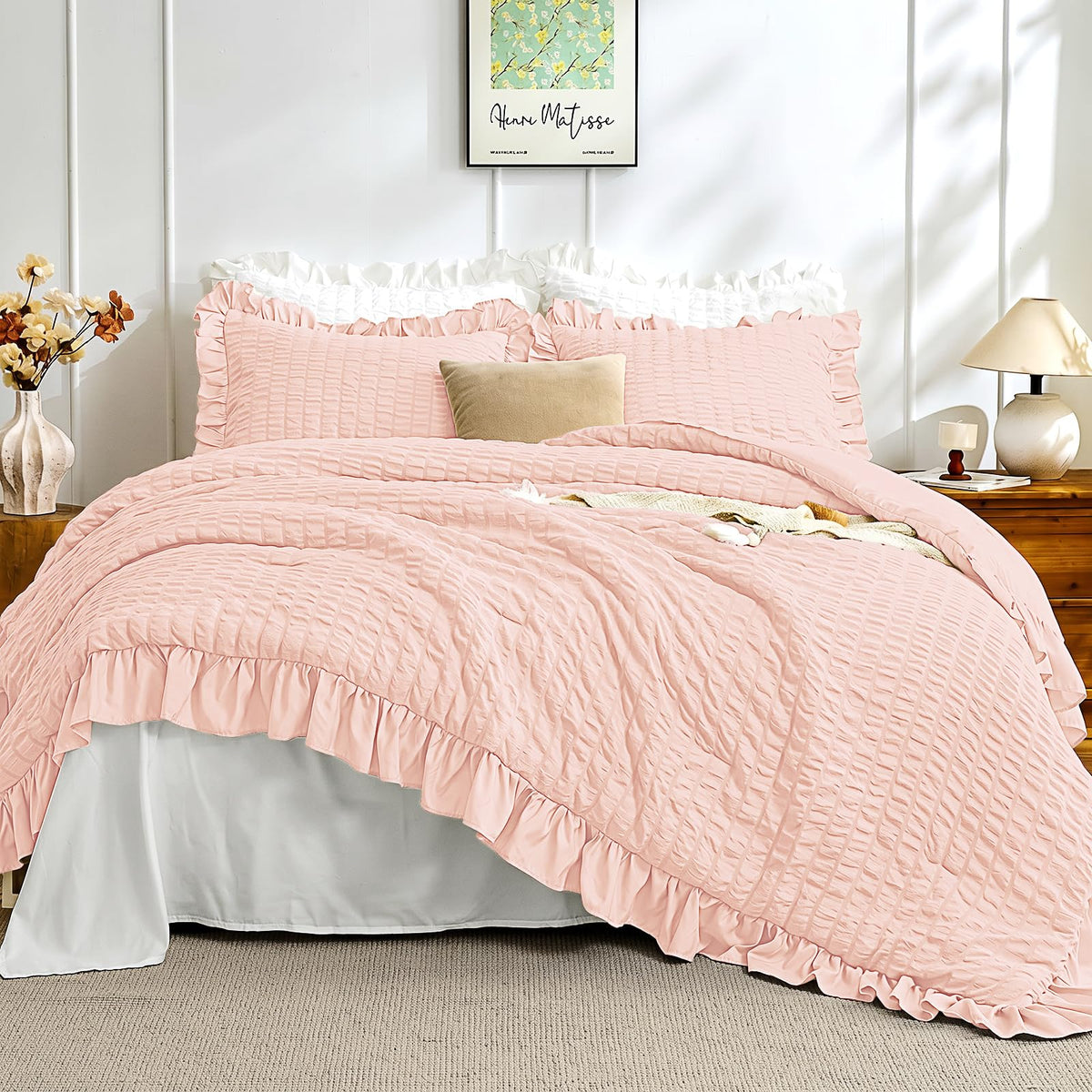 JOLLYVOGUE White Comforters Queen Size, 3 Pieces Ruffle Seersucker Queen Comforter Set for All Season, Lightweight Soft Shabby Chic Bedding Sets for Women（1 Comforter, 2 Pillowshams）