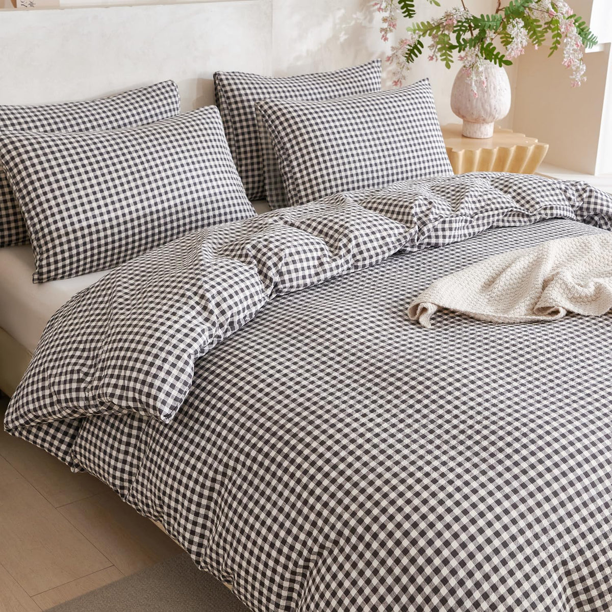 Black Grid Comforter Set Queen Soft Luxury Washed Microfiber 3 Pieces Bedding Set, White Grey Grid Pattern Comforter with 2 Pillowcases Breathable Durable Comfy