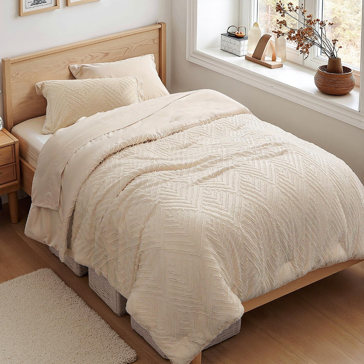 Zzlpp Queen Comforter Set 7 Piece, Beige Bed in a Bag Queen Bedding Sets