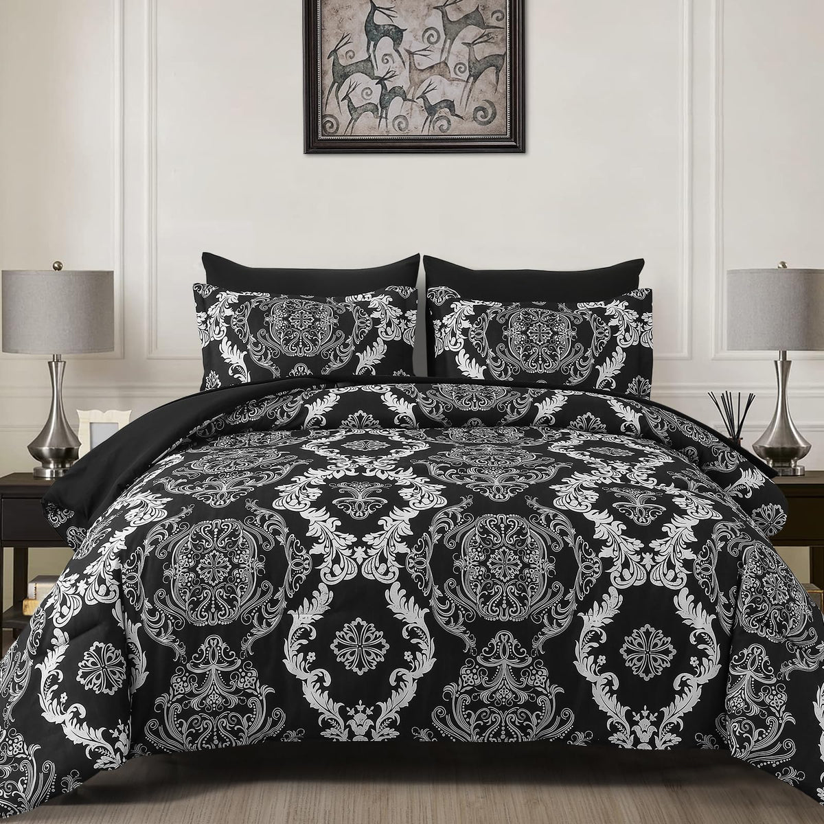 WONGS BEDDING Black Comforter Set King Size, Gold Damask Texture 7 Pieces Bed in a Bag Microfiber Comforter Bedding Sets -1 Comforter, 1 Flat Sheet, 1 Fitted Sheet, 2 Pillow Shams, 2 Pillowcases