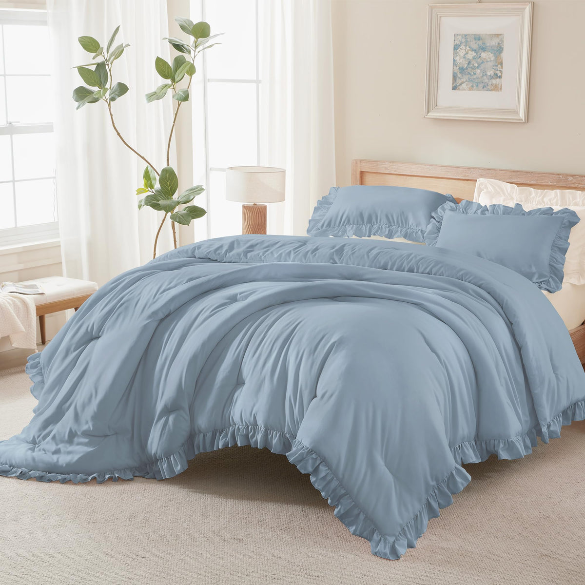 Andency White Comforter Set Queen Size, 3 Pieces Ruffle Farmhouse Bed Set