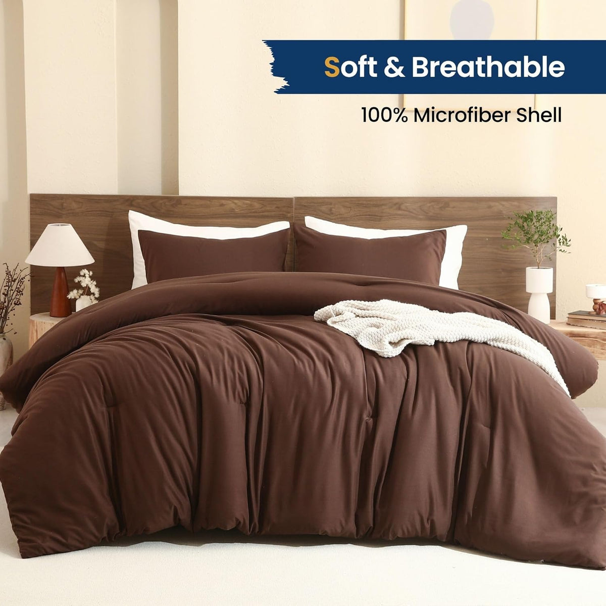 Paxrac Earthy Brown Comforter Queen Size, Neutral 3 Pieces Comforter Set, Lightweight Solid Bedding Set, All Seasons Soft Fluffy Queen Comforter Set (90x90In Comforter & 2 Pillowcases)