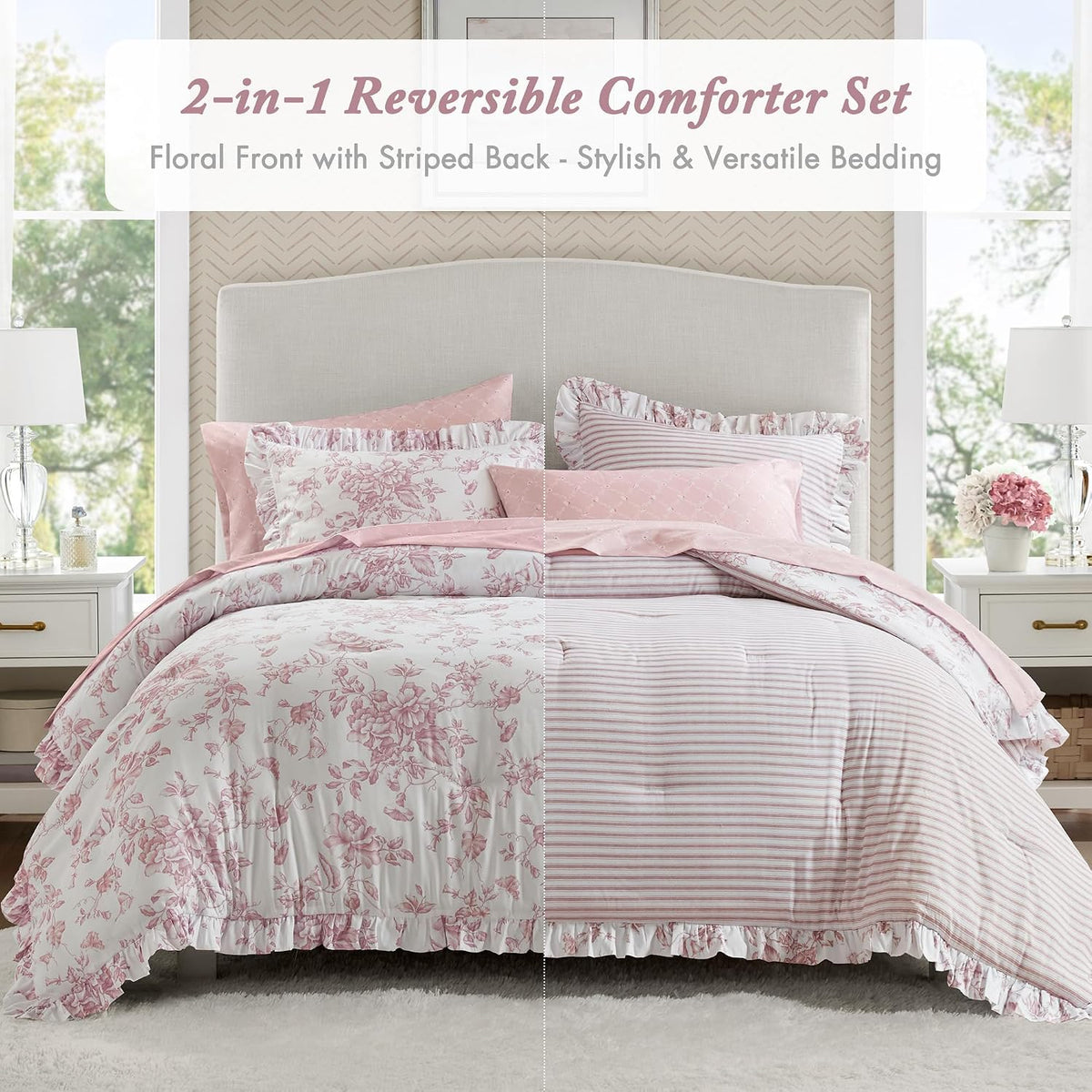 Madison Park Essentials Pink Floral Comforter Set with Sheets Full,7pc