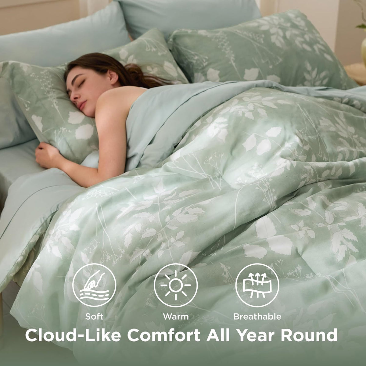 Bedsure Floral Sage Green Comforter Set, Full Bedding Sets, 7 Piece