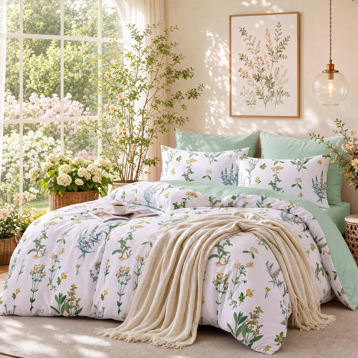 MUXHOMO Queen Comforter Set 7 Pieces, Sage Green Bed in a Bag Queen Reversible Botanical Flowers Design, Ultra Soft & Breathable Bedding Sets with Comforter, Sheets, Pillowcases & Shams