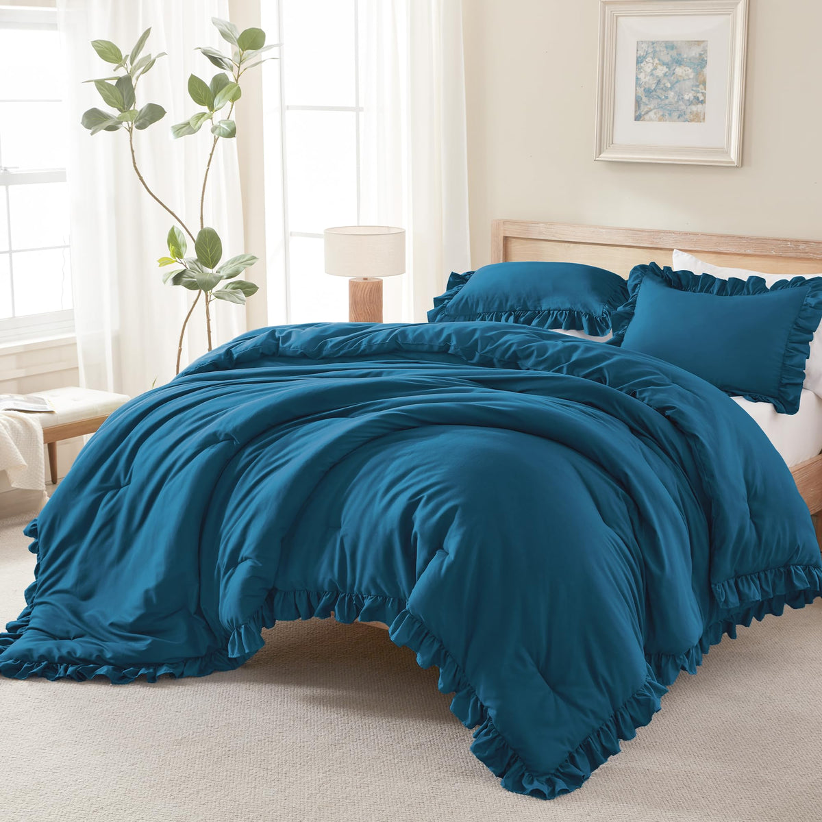Andency White Comforter Set Queen Size, 3 Pieces Ruffle Farmhouse Bed Set
