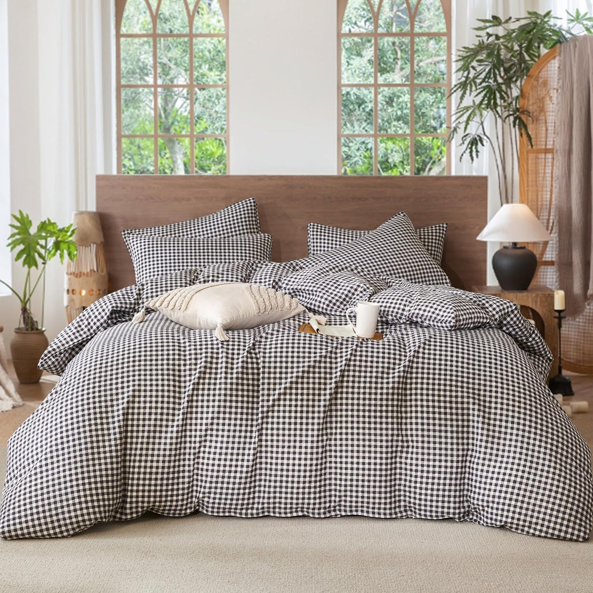 Black Grid Comforter Set Queen Soft Luxury Washed Microfiber 3 Pieces Bedding Set, White Grey Grid Pattern Comforter with 2 Pillowcases Breathable Durable Comfy