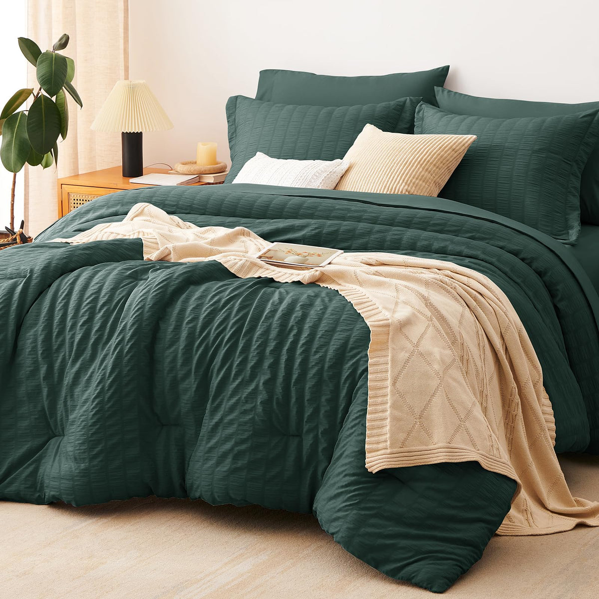 CozyLux Queen Comforter Set, 7 Pieces White Seersucker Bed in a Bag