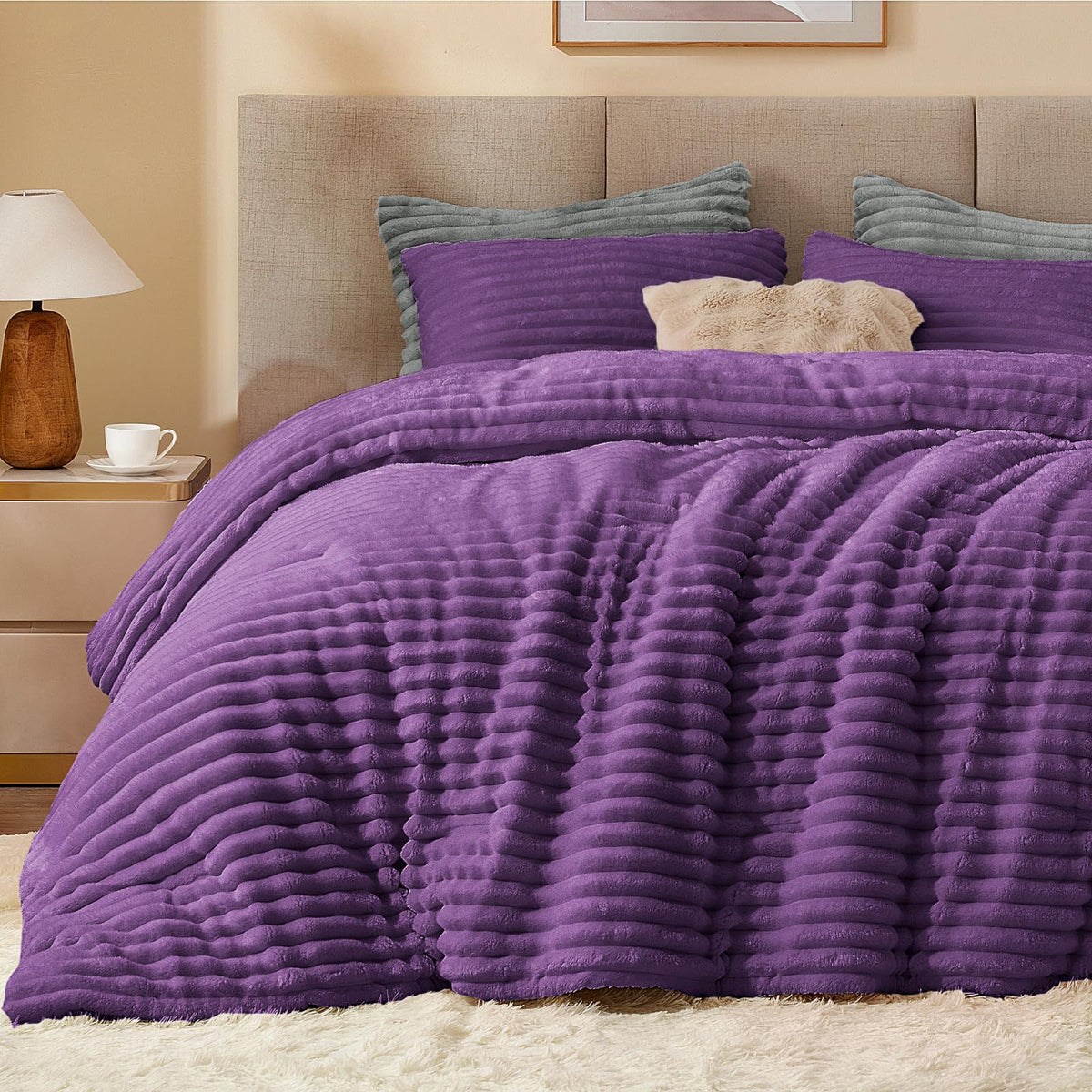 BEDELITE Fleece Queen Comforter Set, Fluffy Bed Set, Cream White