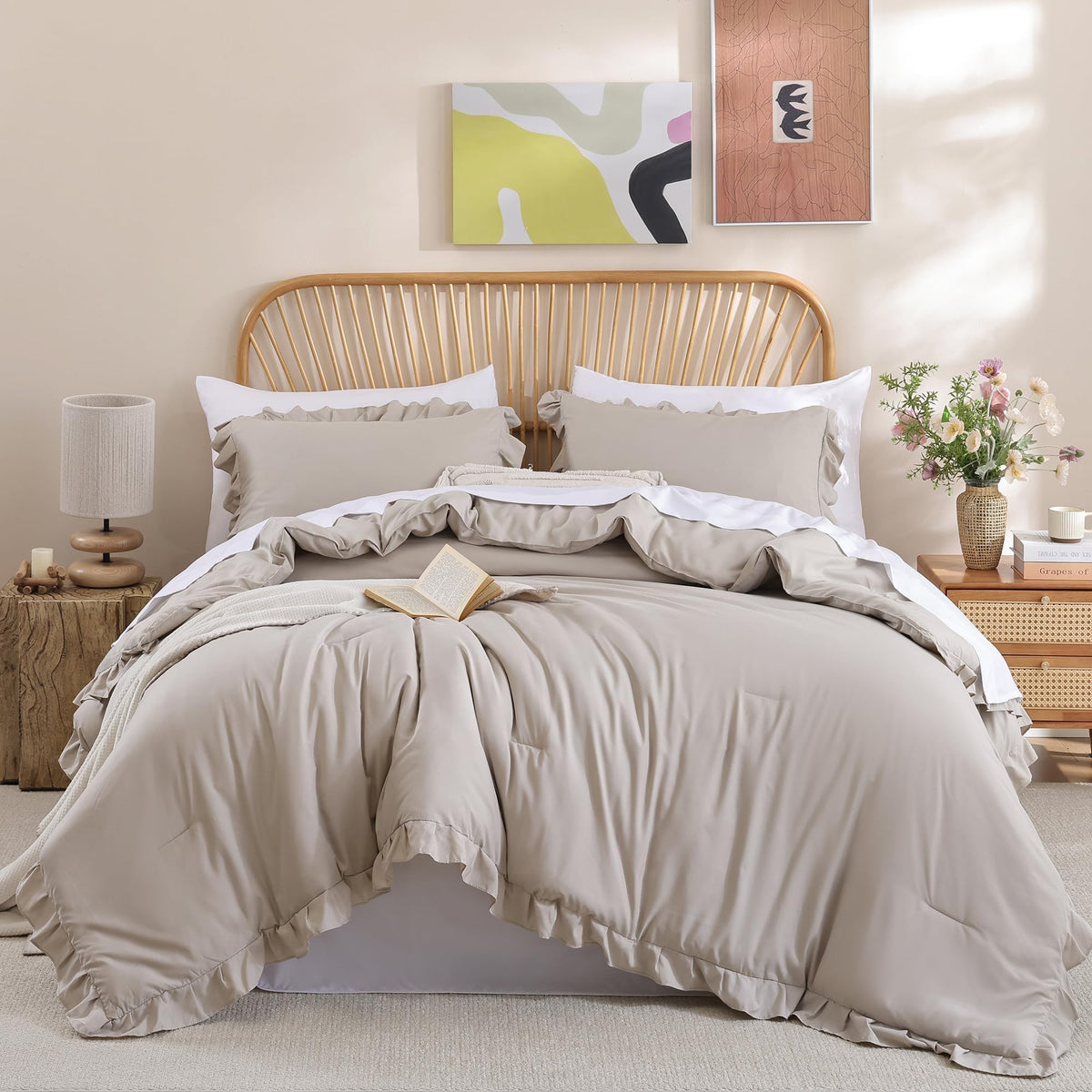 JANZAA Blush Pink Comforter Set Queen, Ruffle Soft Bedding