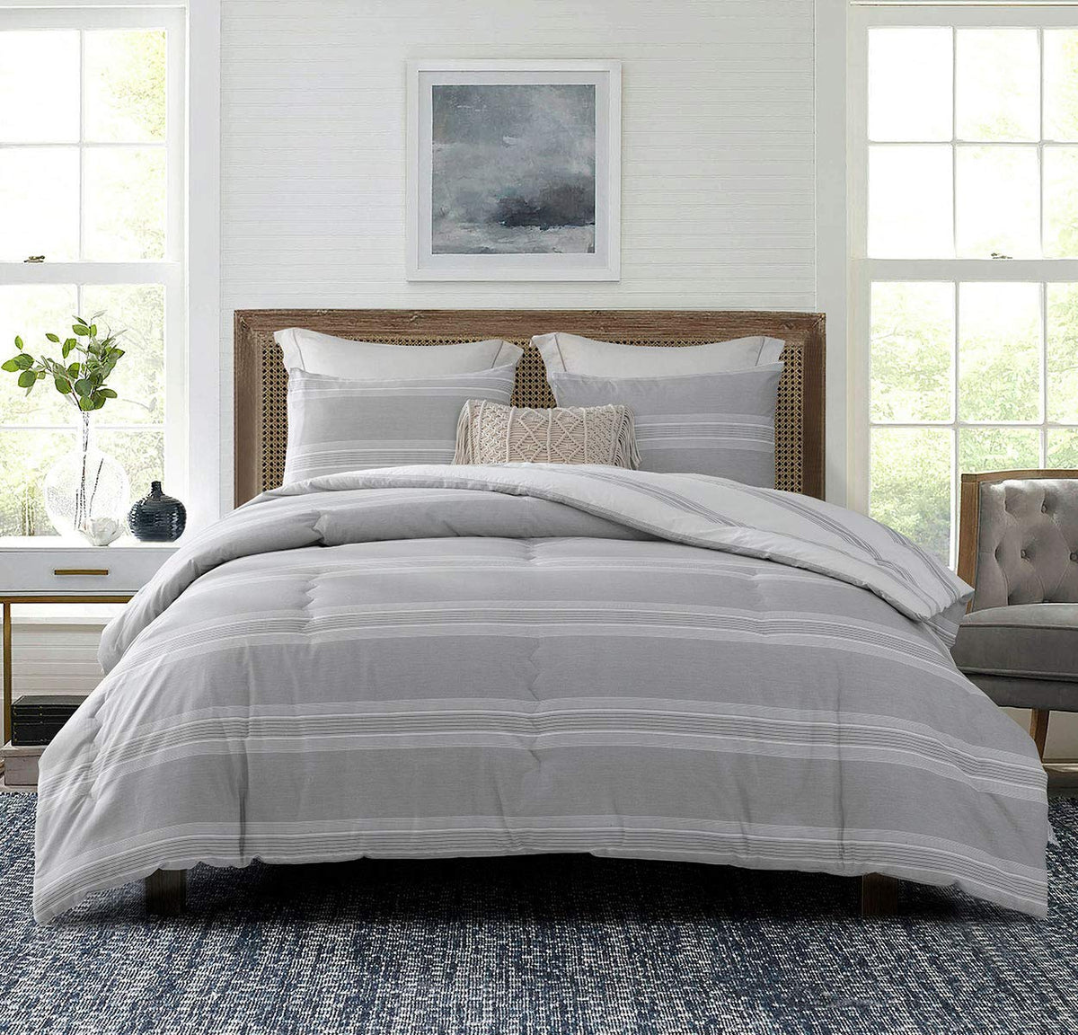 SLEEPBELLA Comforter Queen Size, 600 Thread Count Cotton Brown Branches and Blue Flowers Off-White Comforter Sets, Down Alternative Bedding Set 3Pcs(Queen, Off-White Botanical)