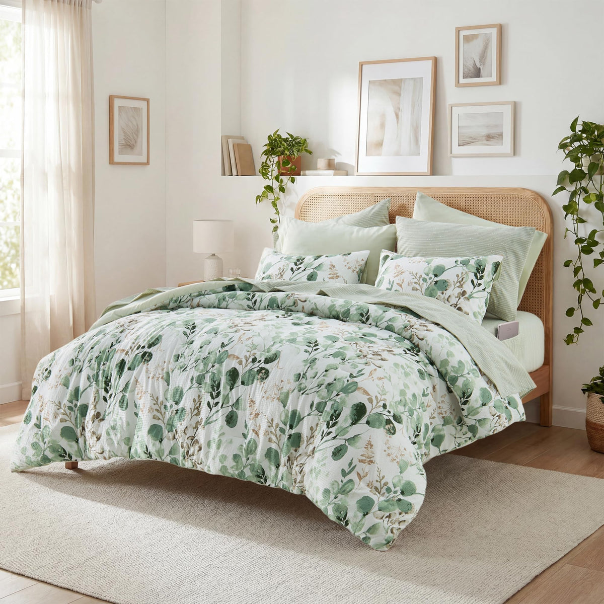 Lightweight Seersucker Botanical Comforter Set Queen Size, 9 Pieces Reversible Design Bed in A Bag Set, Premium Microfiber Bedding Set, Brown
