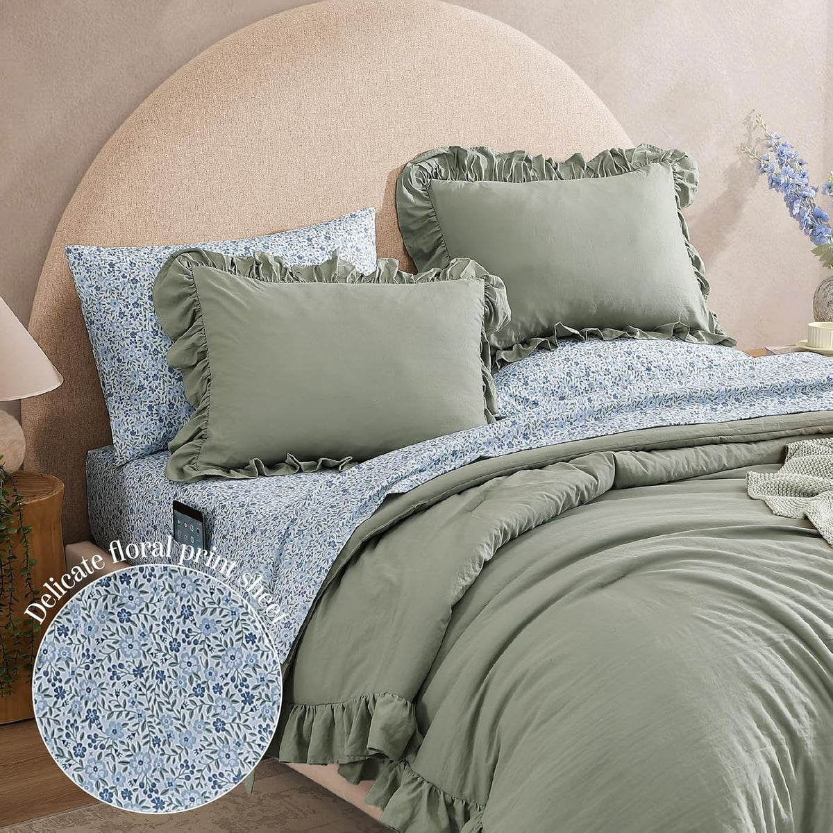BLOOMHAVEN Queen Comforter Set-7 Pieces Ruffle Bedding with Floral Sheet