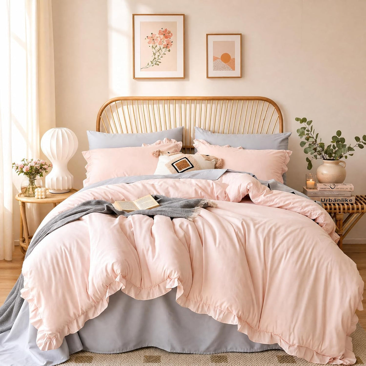 JANZAA Blush Pink Comforter Set Queen, Ruffle Soft Bedding