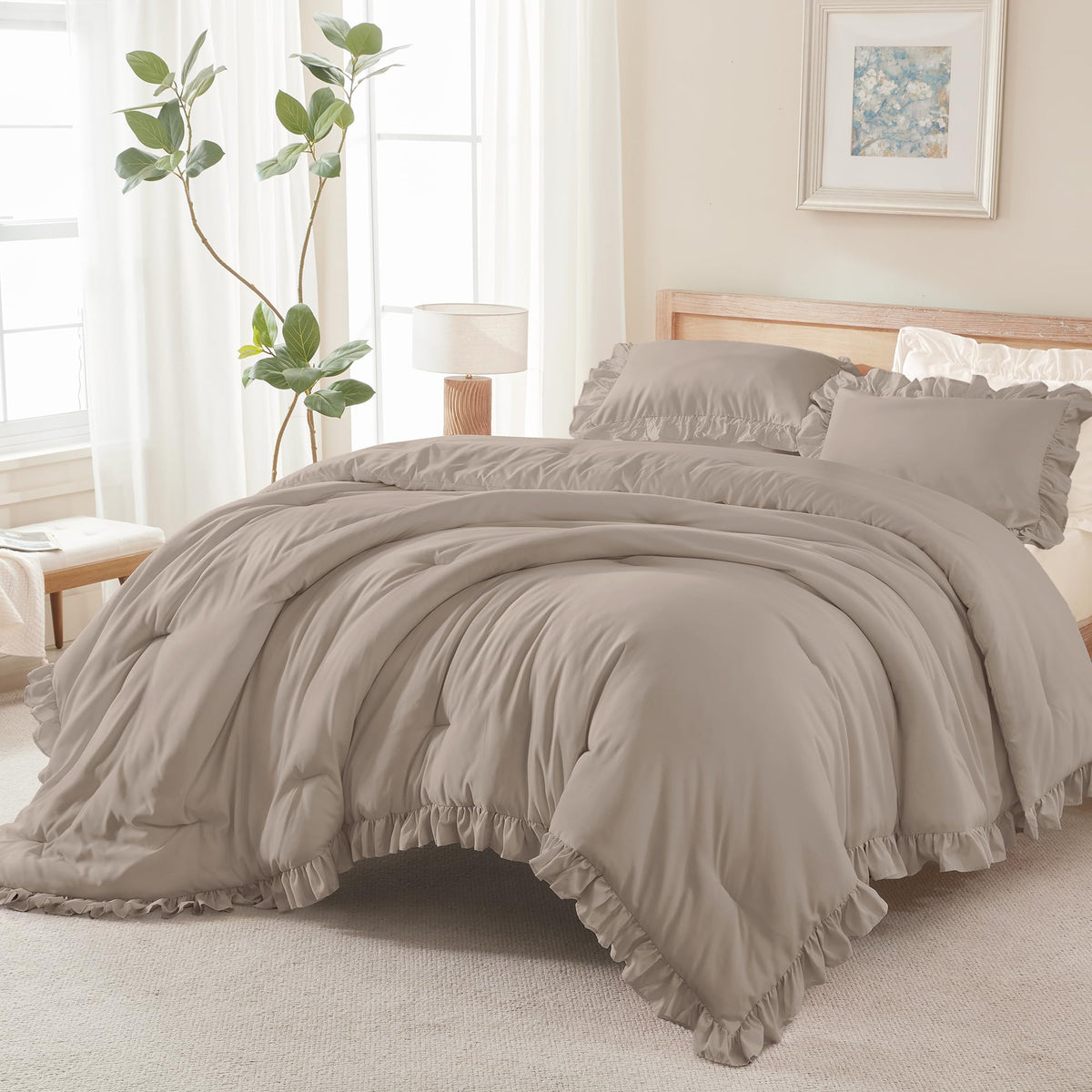 Andency White Comforter Set Queen Size, 3 Pieces Ruffle Farmhouse Bed Set