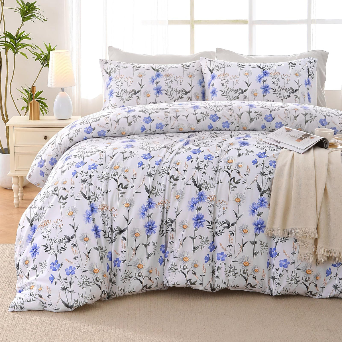 MUXHOMO Queen Comforter Set 7 Pieces, Sage Green Bed in a Bag Queen Reversible Botanical Flowers Design, Ultra Soft & Breathable Bedding Sets with Comforter, Sheets, Pillowcases & Shams
