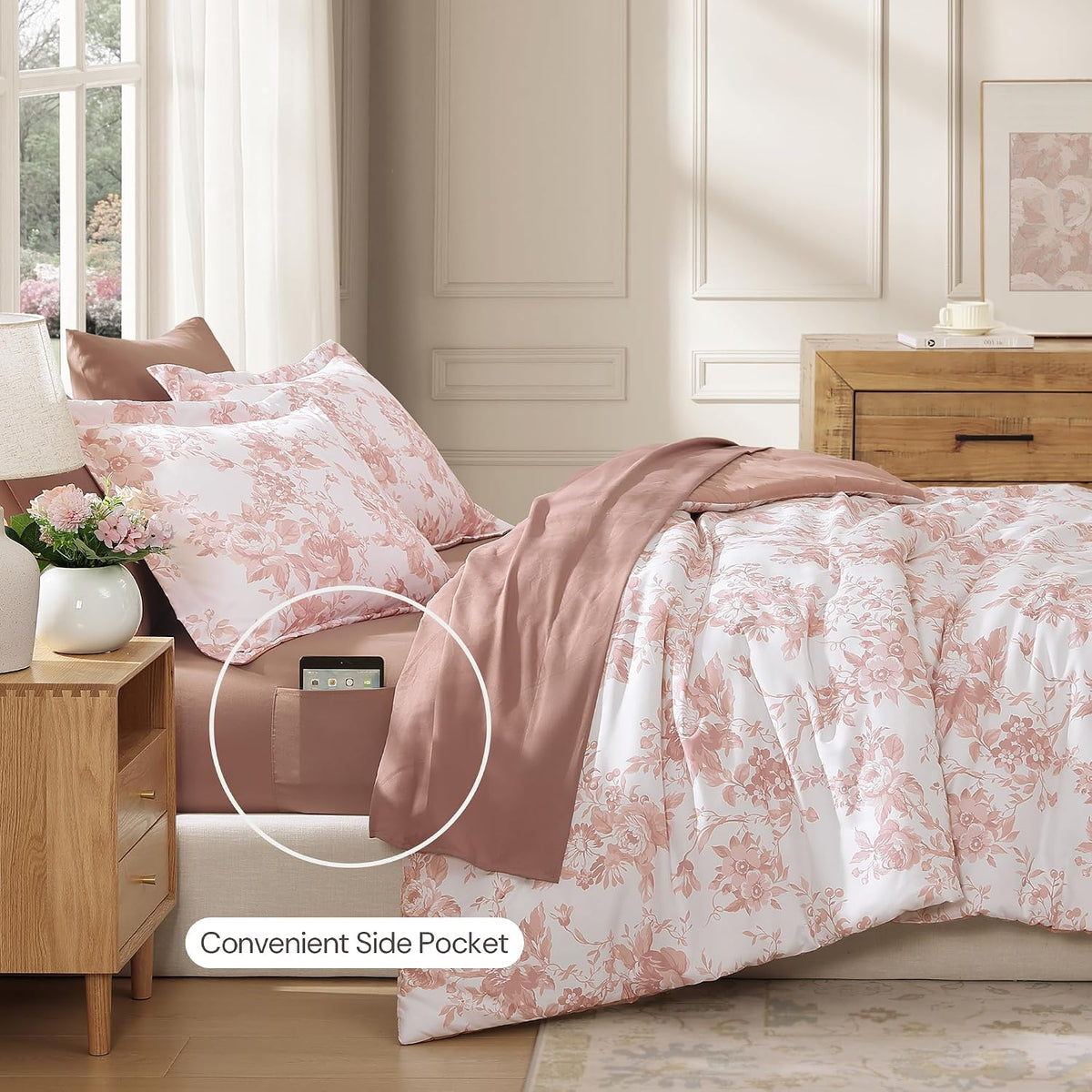 BLOOMHAVEN Full Size Comforter Sets-7 Pieces Rose Floral Bed in a Bag