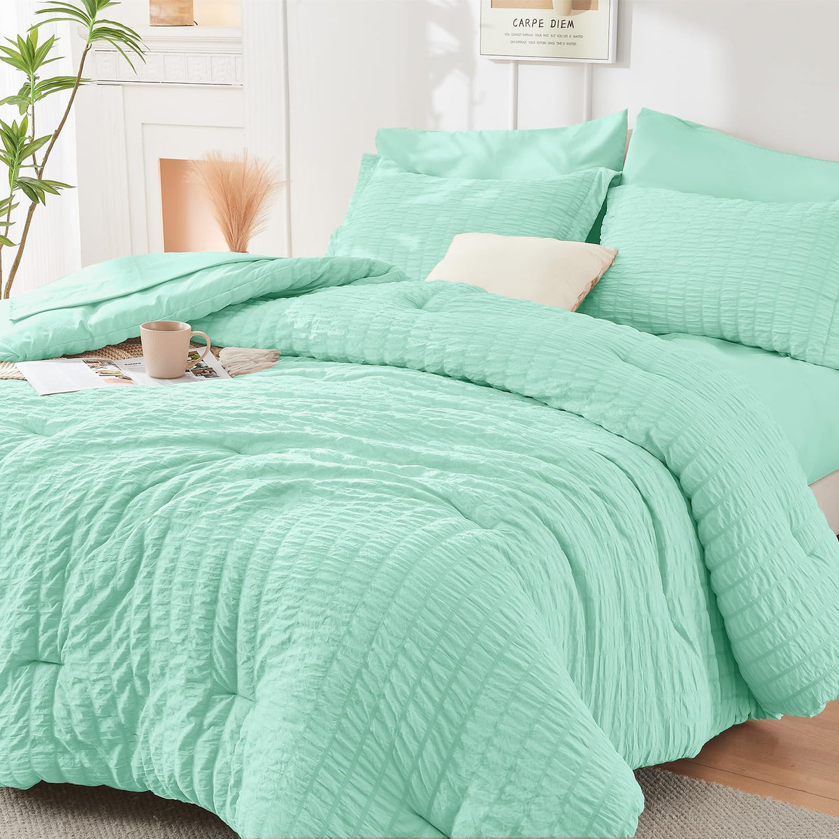 HYMOKEGE Queen Comforter Set Seersucker 7 Pieces, All Season Luxury Bed in a Bag for Bedroom, Bedding Set with Comforters, Sheets, Pillowcases & Shams, Dark Grey
