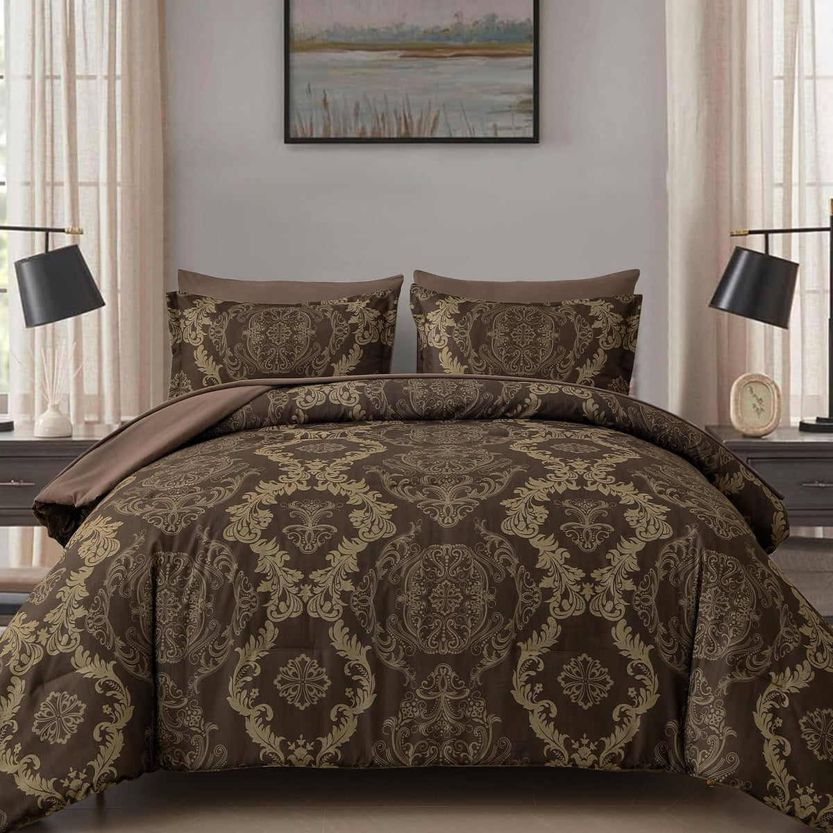 WONGS BEDDING Black Comforter Set King Size, Gold Damask Texture 7 Pieces Bed in a Bag Microfiber Comforter Bedding Sets -1 Comforter, 1 Flat Sheet, 1 Fitted Sheet, 2 Pillow Shams, 2 Pillowcases