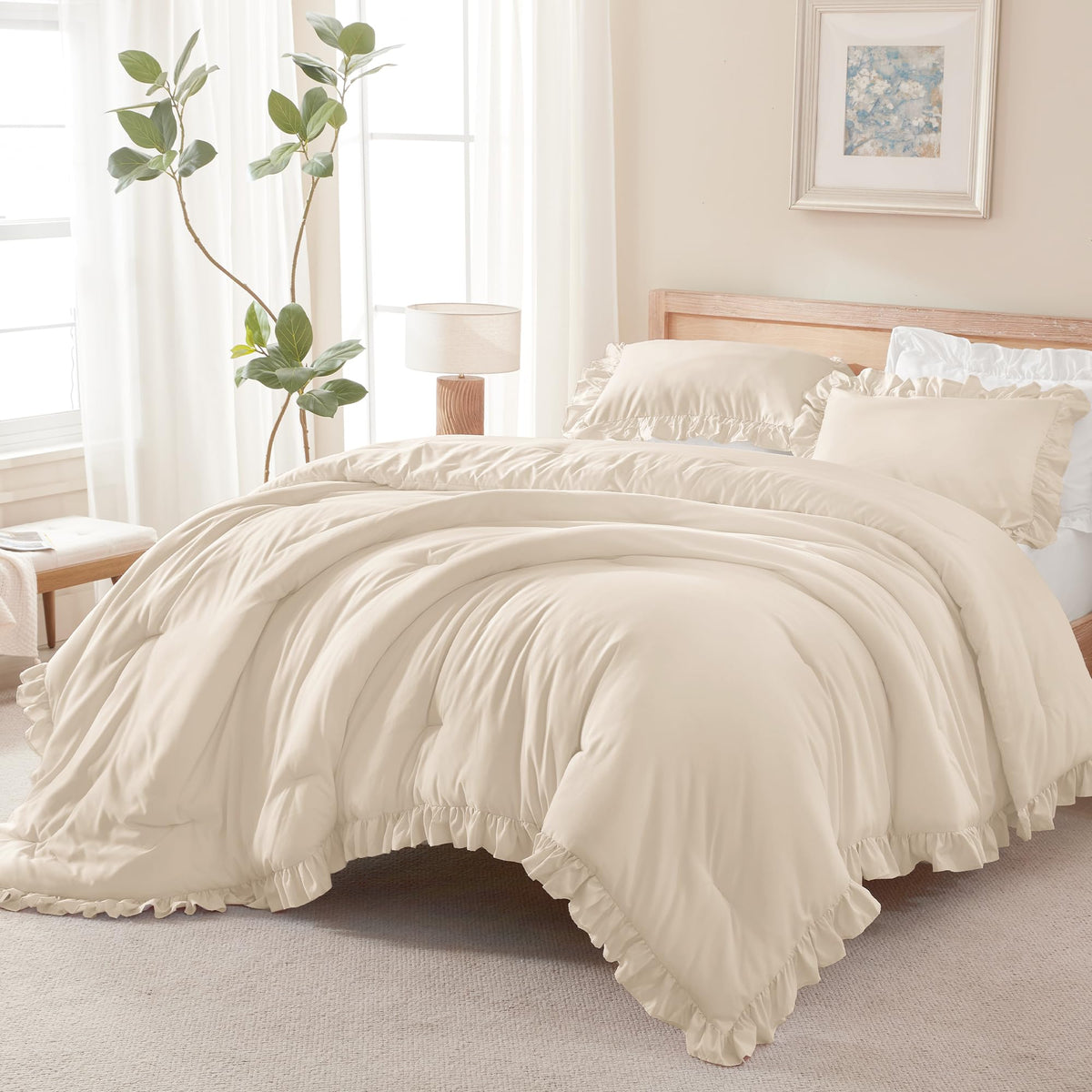 Andency White Comforter Set Queen Size, 3 Pieces Ruffle Farmhouse Bed Set