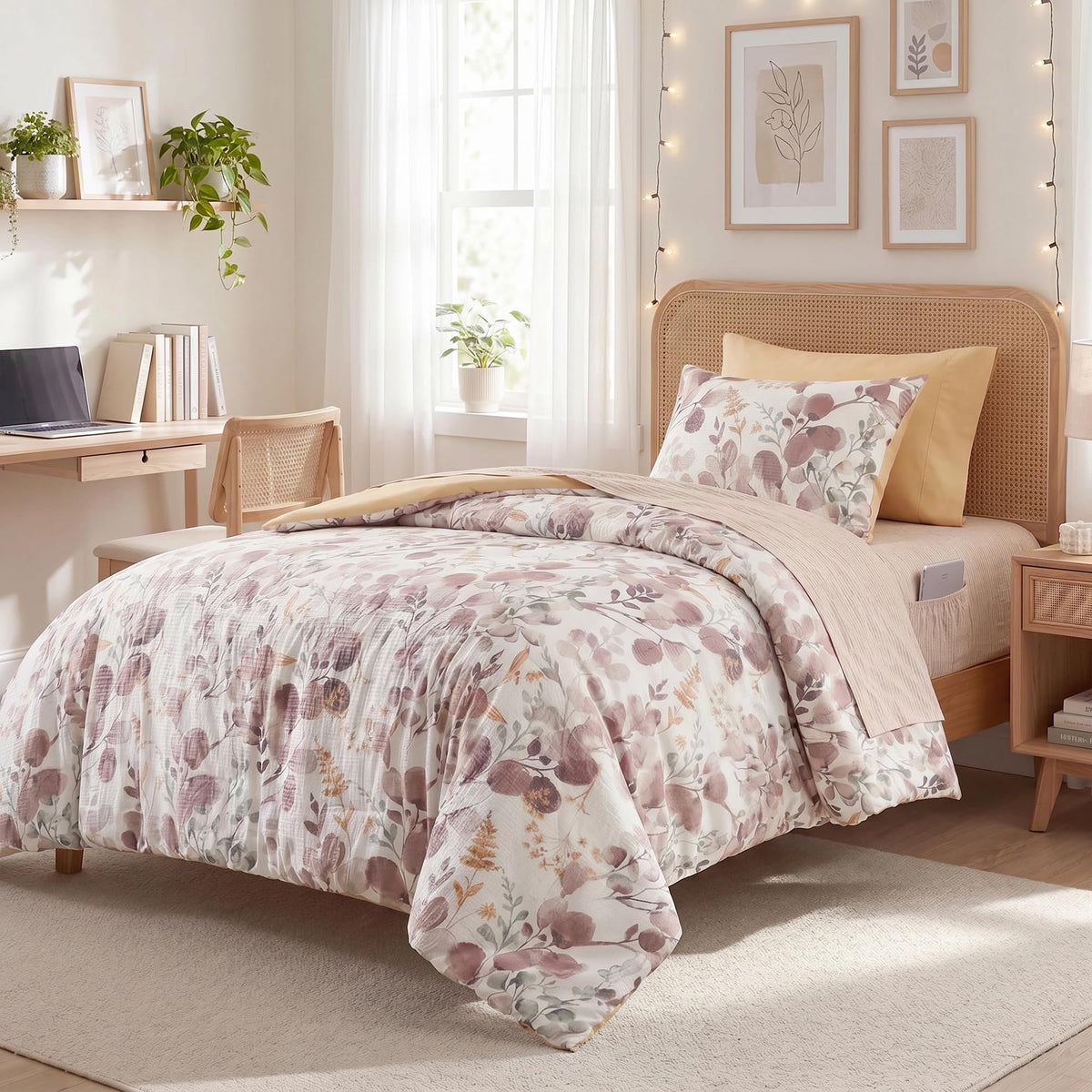 Lightweight Seersucker Botanical Comforter Set Queen Size, 9 Pieces Reversible Design Bed in A Bag Set, Premium Microfiber Bedding Set, Brown