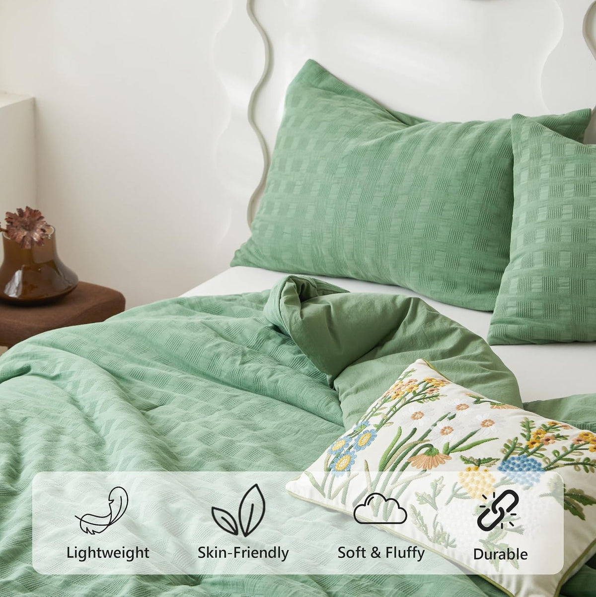 Simple&Opulence 100% Cotton Waffle Weaving Comforter Set-3 Pieces Bedding Set(1 Comforter and 2 Pillowcases), Lightweight Soft Breathable Comforter Bed Sets for All Season(Forest Green, Queen)