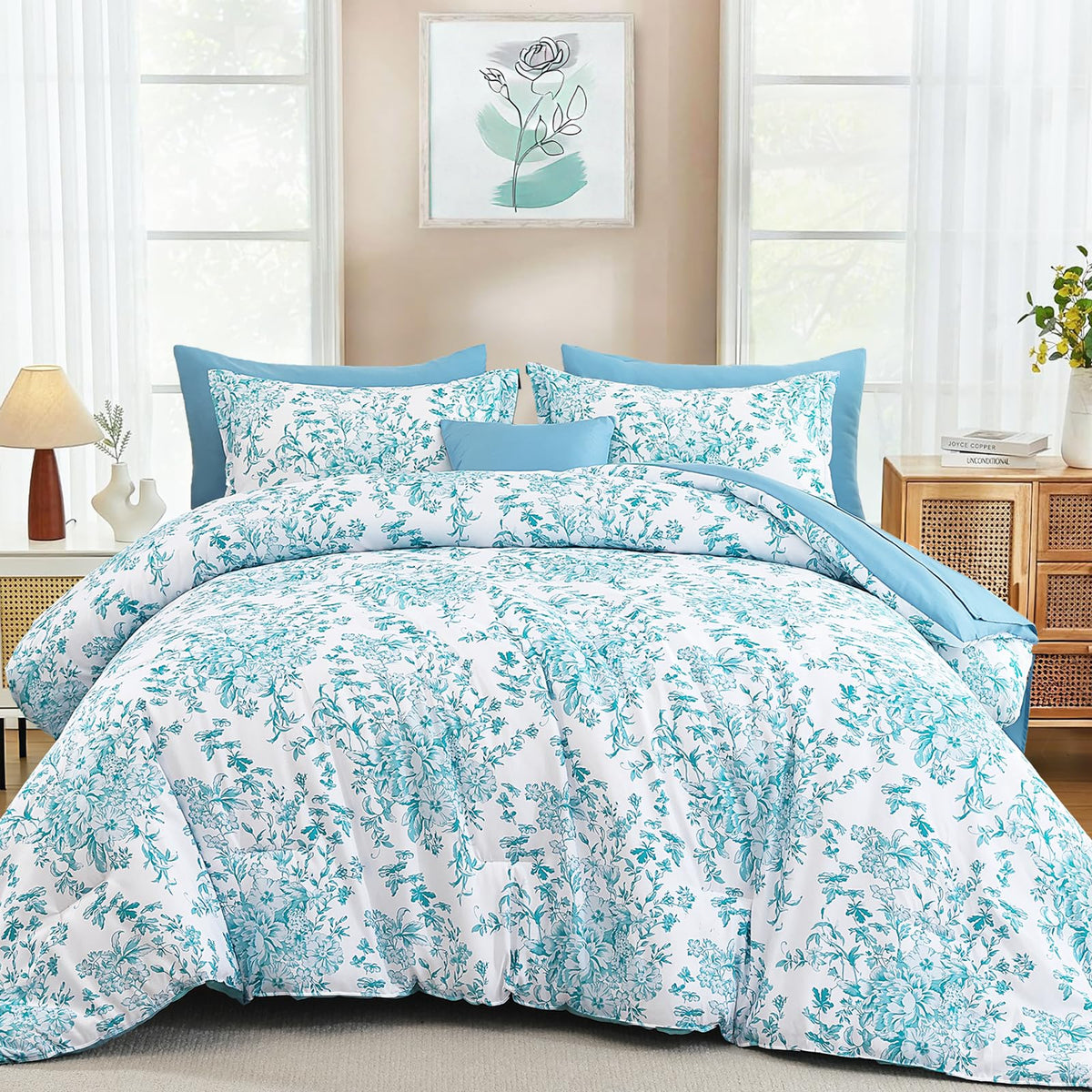 WONGS BEDDING 8 Pieces King Size Comforter Set Green,Sage Green Floral Bed in a Bag Comforter Sets, Soft Reversible Botanical Flowers Bedding Sets for All Season (90"x104")