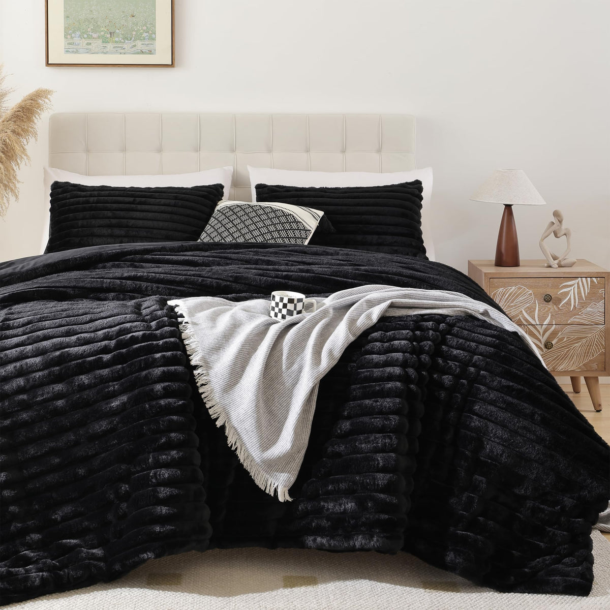 Smoofy Fluffy Queen Size Comforter 3 PCS - Tie Dye Grey Fleece Bedding Set