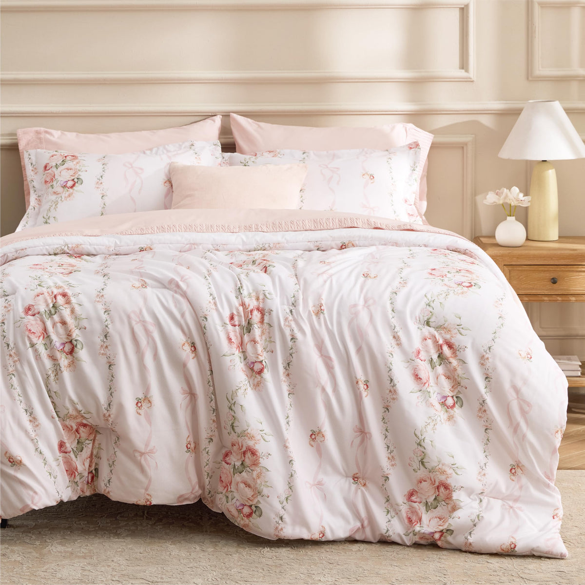Bedsure Floral Queen Comforter Set, White Breathable Fall Bedding 3 Pcs