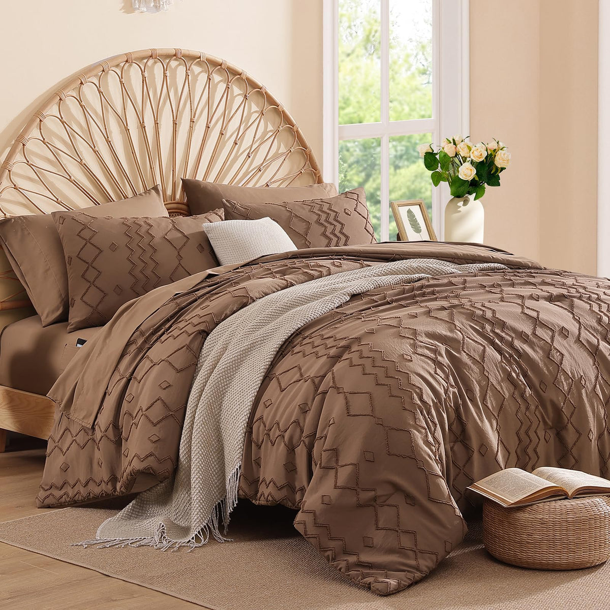 King Size Comforter Set Beige Tufted Boho Bedding Sets Farmhouse 7 Pieces