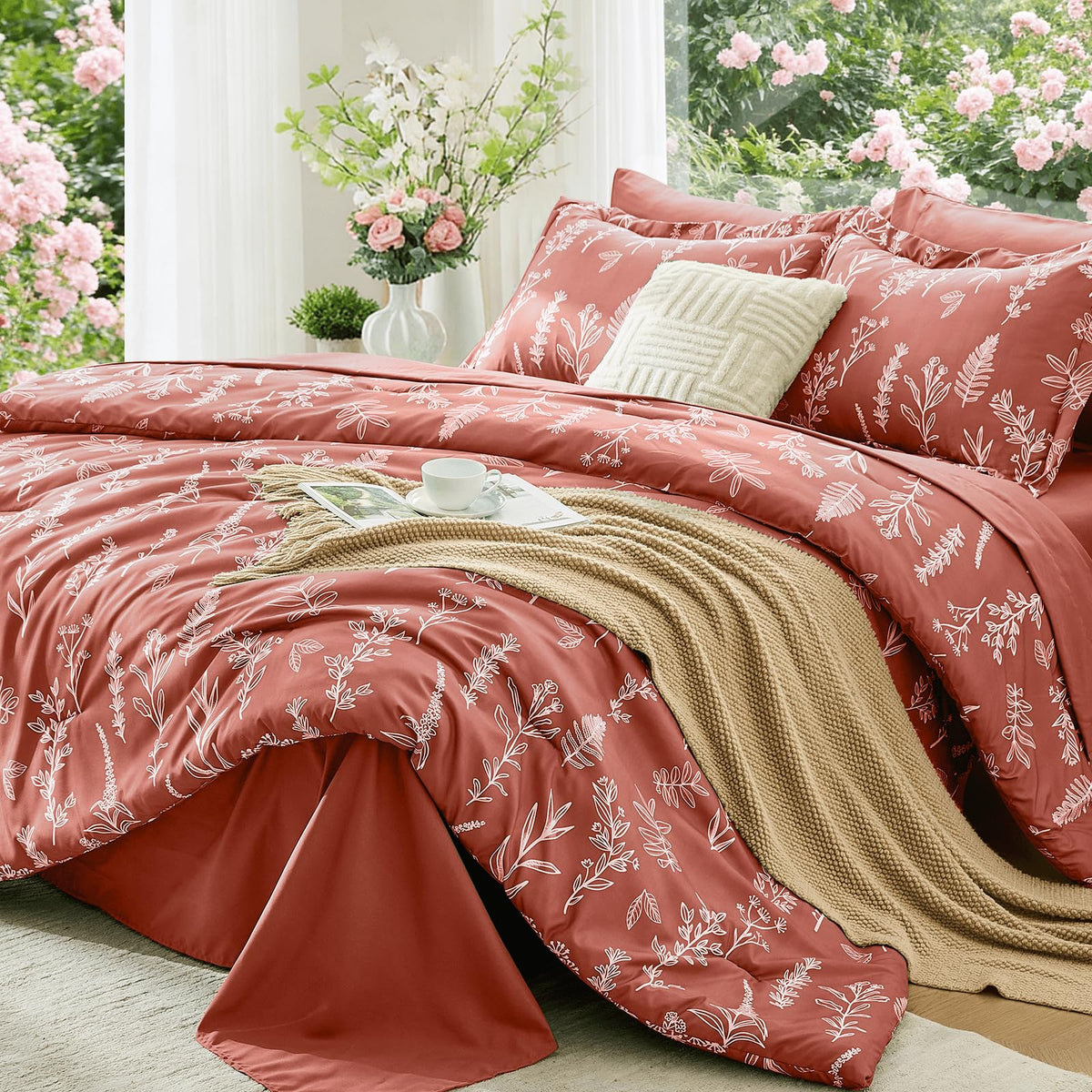MUXHOMO Queen Comforter Set 7 Pieces, Sage Green Bed in a Bag Queen Reversible Botanical Flowers Design, Ultra Soft & Breathable Bedding Sets with Comforter, Sheets, Pillowcases & Shams