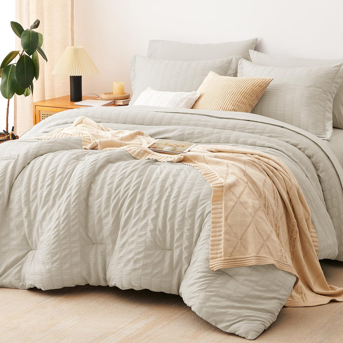 CozyLux Queen Comforter Set, 7 Pieces White Seersucker Bed in a Bag