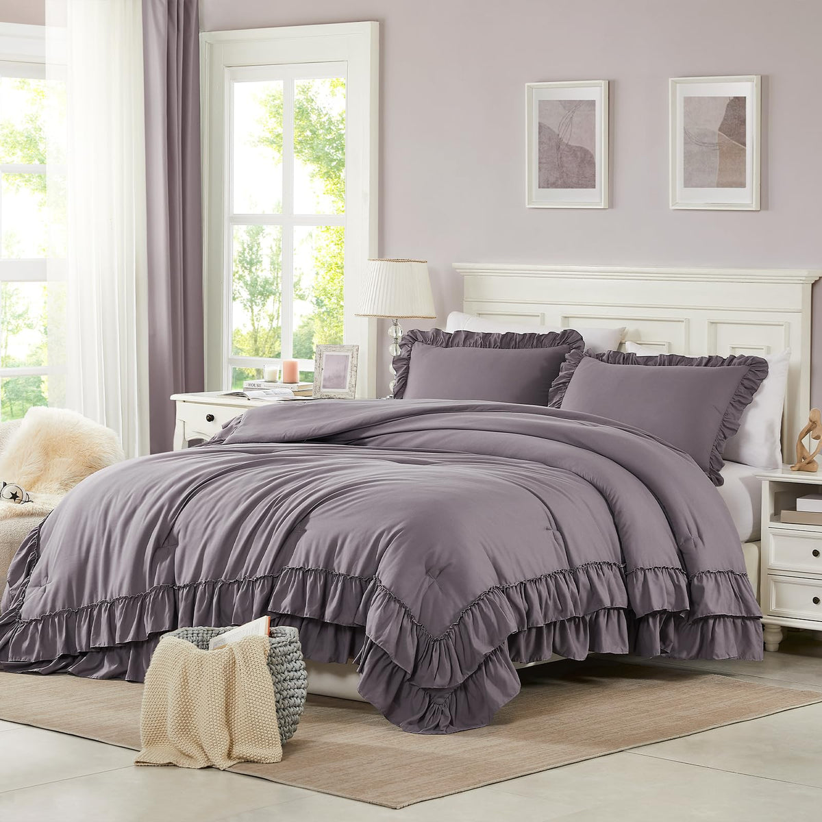 Cupocupa Blush Pink Comforter Set Queen, 3Pcs Comforters Queen Size Ruffle Farmhouse Bedding Sets Queen with Comforter, Lightweight Soft Shabby Chic Bedding Comforter Set Fluffy for All Season