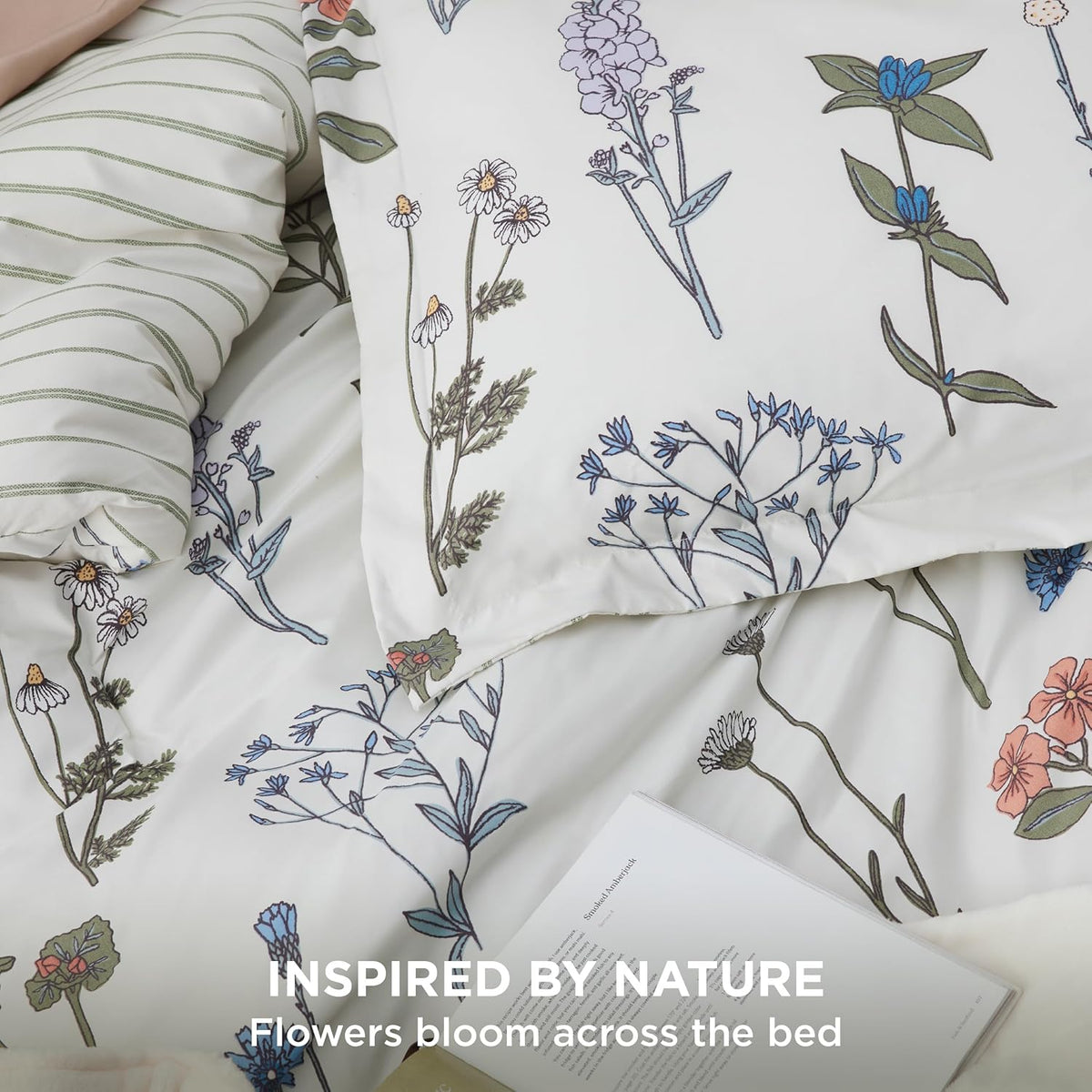 Bedsure Floral Queen Comforter Set, White Breathable Fall Bedding 3 Pcs
