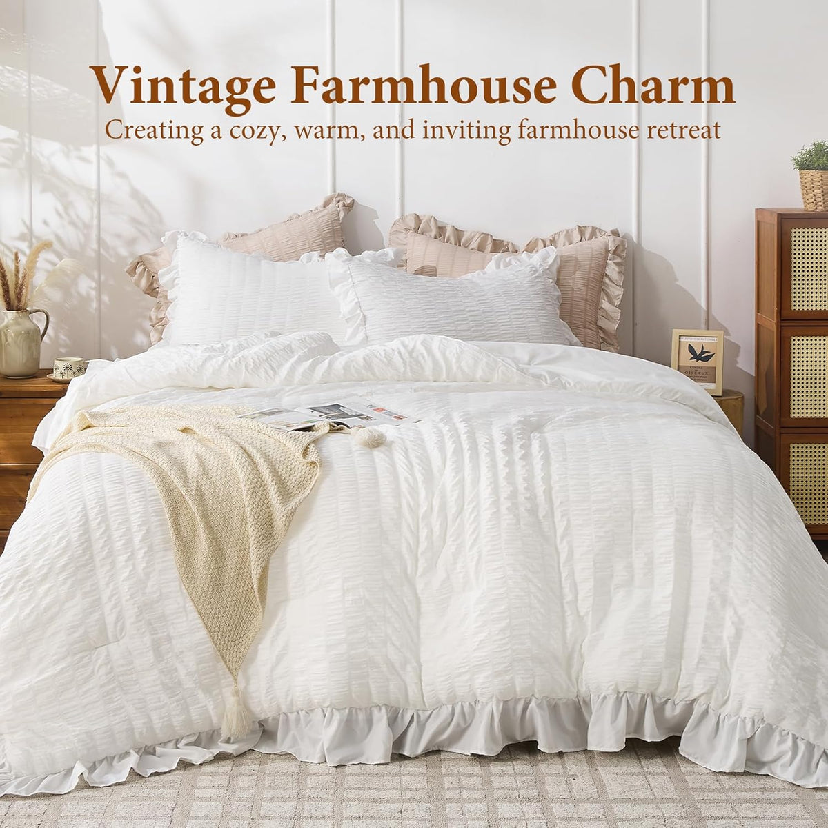 JOLLYVOGUE White Comforters Queen Size, 3 Pieces Ruffle Seersucker Queen Comforter Set for All Season, Lightweight Soft Shabby Chic Bedding Sets for Women（1 Comforter, 2 Pillowshams）