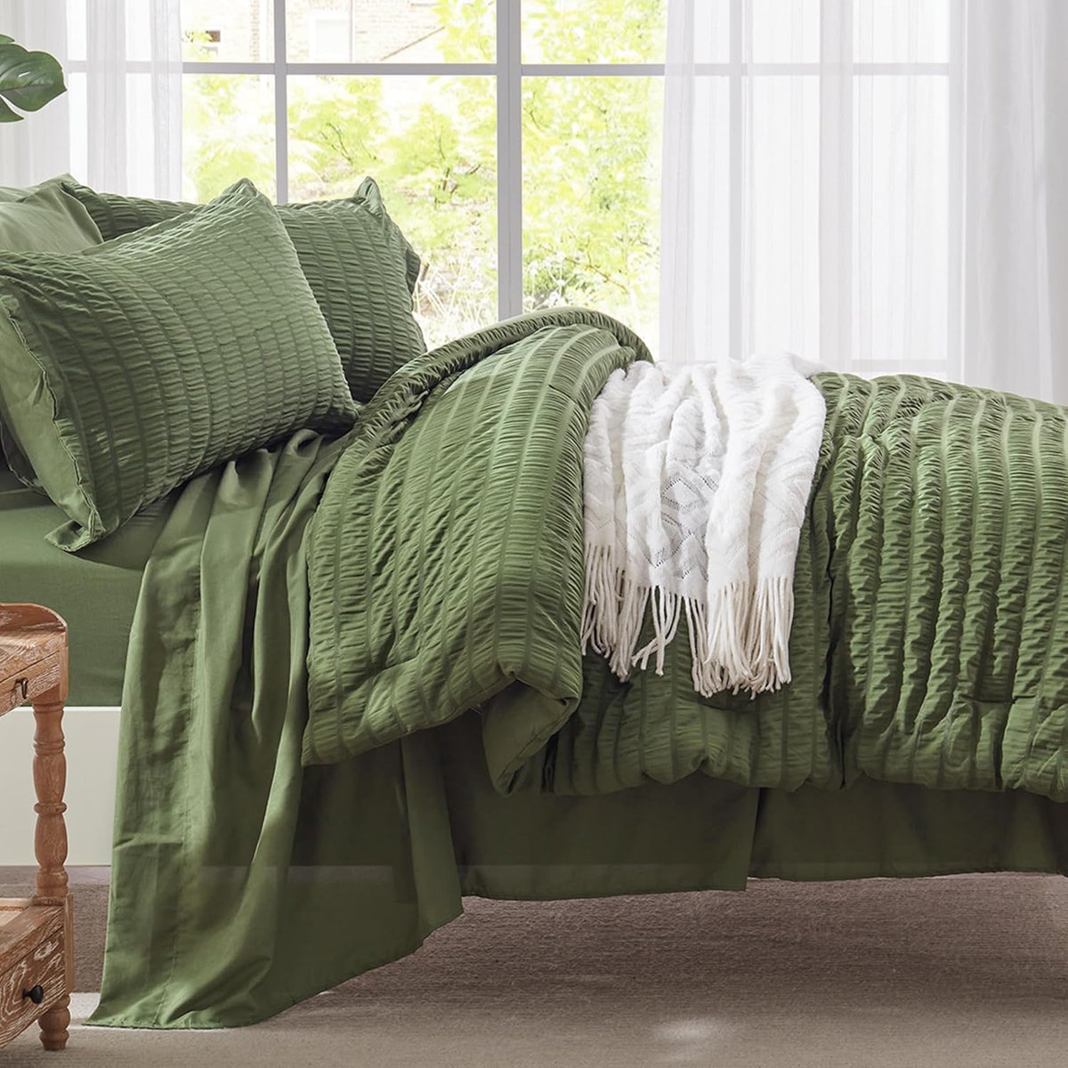 Twin Comforter Set 5 Piece, Olive Green Bed in a Bag Twin Size Bedding Sets