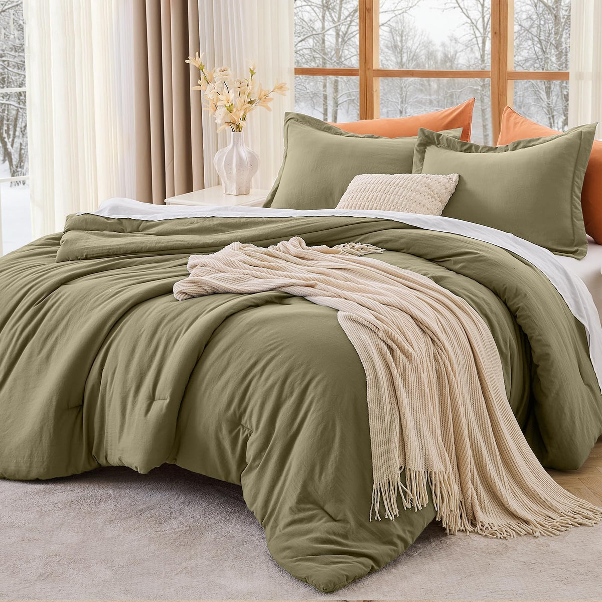 MUXHOMO Queen Size Comforter Set Beige, 3 Piece Solid Bedding for All Seasons, Warm Down Alternative Bed Set Includes 1 Lightweight Comforter (90"x90") and 2 Pillowshams (20"x26")