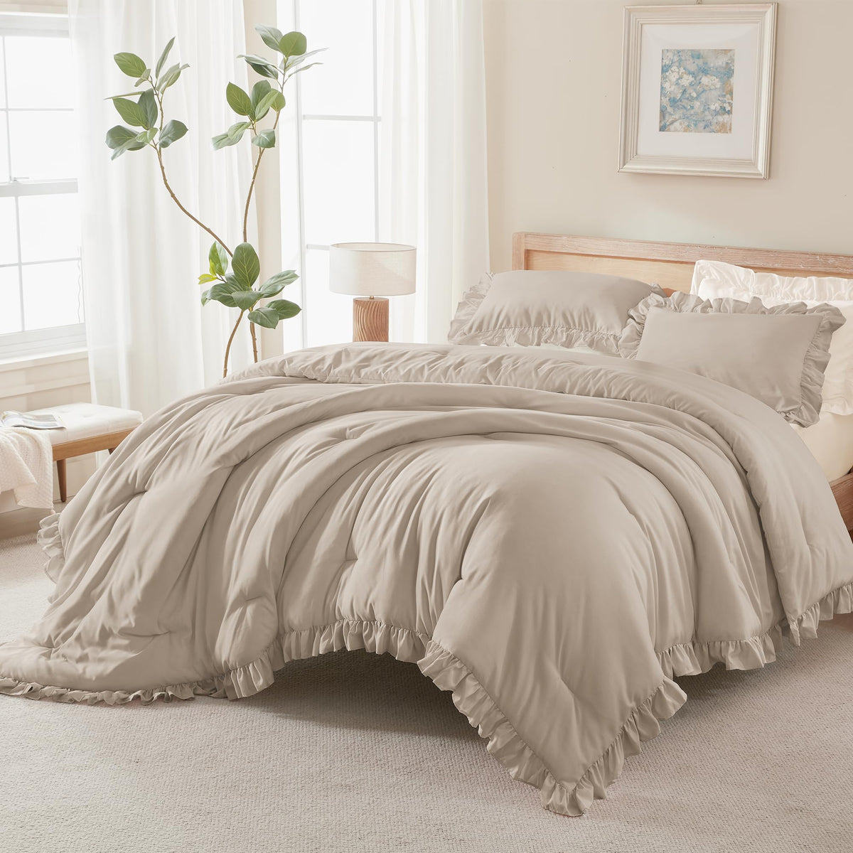 Andency White Comforter Set Queen Size, 3 Pieces Ruffle Farmhouse Bed Set