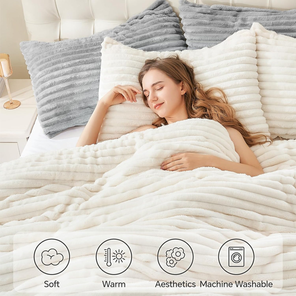 BEDELITE Fleece Queen Comforter Set, Fluffy Bed Set, Cream White