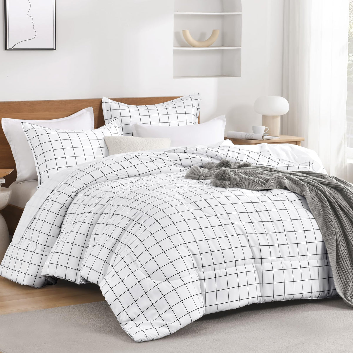 Andency Checkered Comforter Full, Black and White Gingham Plaid Bedding Set