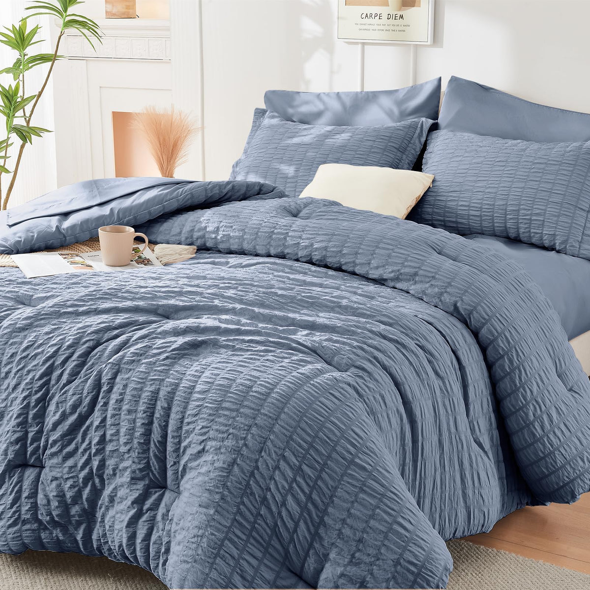 HYMOKEGE Queen Comforter Set Seersucker 7 Pieces, All Season Luxury Bed in a Bag for Bedroom, Bedding Set with Comforters, Sheets, Pillowcases & Shams, Dark Grey