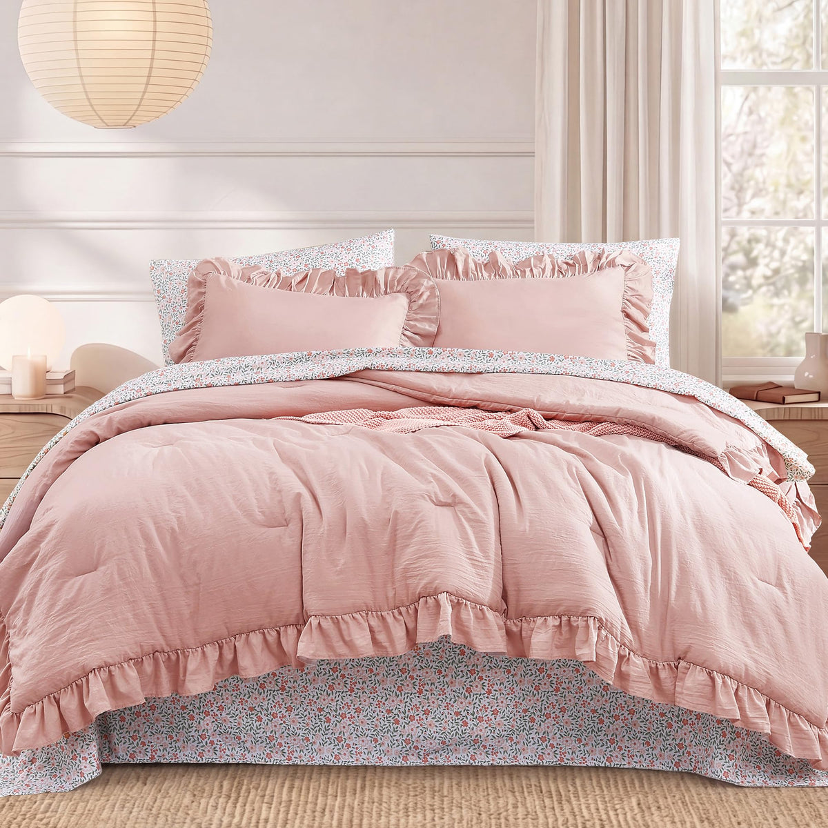 BLOOMHAVEN Queen Comforter Set-7 Pieces Ruffle Bedding with Floral Sheet