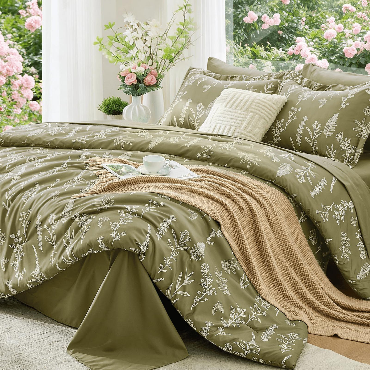 MUXHOMO Queen Comforter Set 7 Pieces, Sage Green Bed in a Bag Queen Reversible Botanical Flowers Design, Ultra Soft & Breathable Bedding Sets with Comforter, Sheets, Pillowcases & Shams