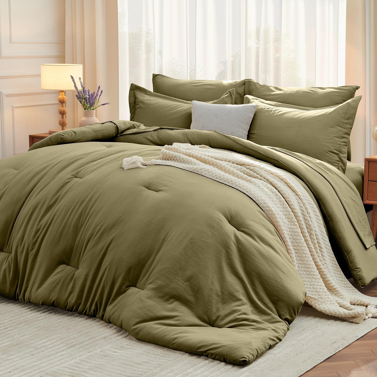 MUXHOMO 7 Pieces California King Comforter Set, Soft Bed in a Bag Cal King Size, All Season Bedding Set with Comforter, Flat Sheet, Fitted Sheet, Pillowcases & Shams, Beige