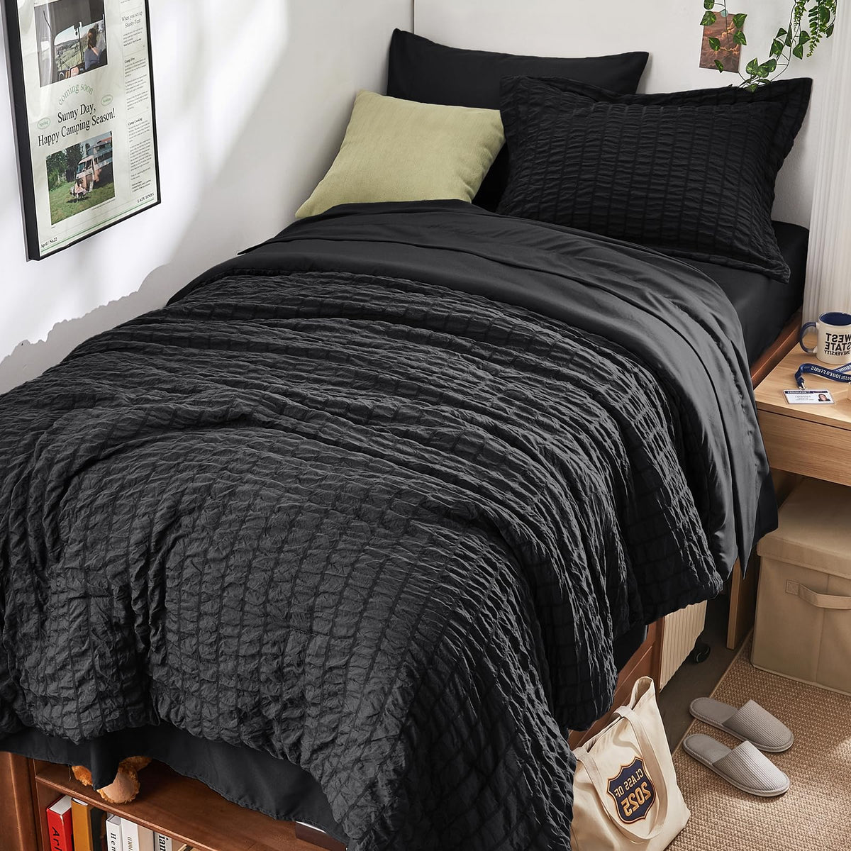HYMOKEGE Queen Comforter Set Seersucker 7 Pieces, All Season Luxury Bed in a Bag for Bedroom, Bedding Set with Comforters, Sheets, Pillowcases & Shams, Dark Grey