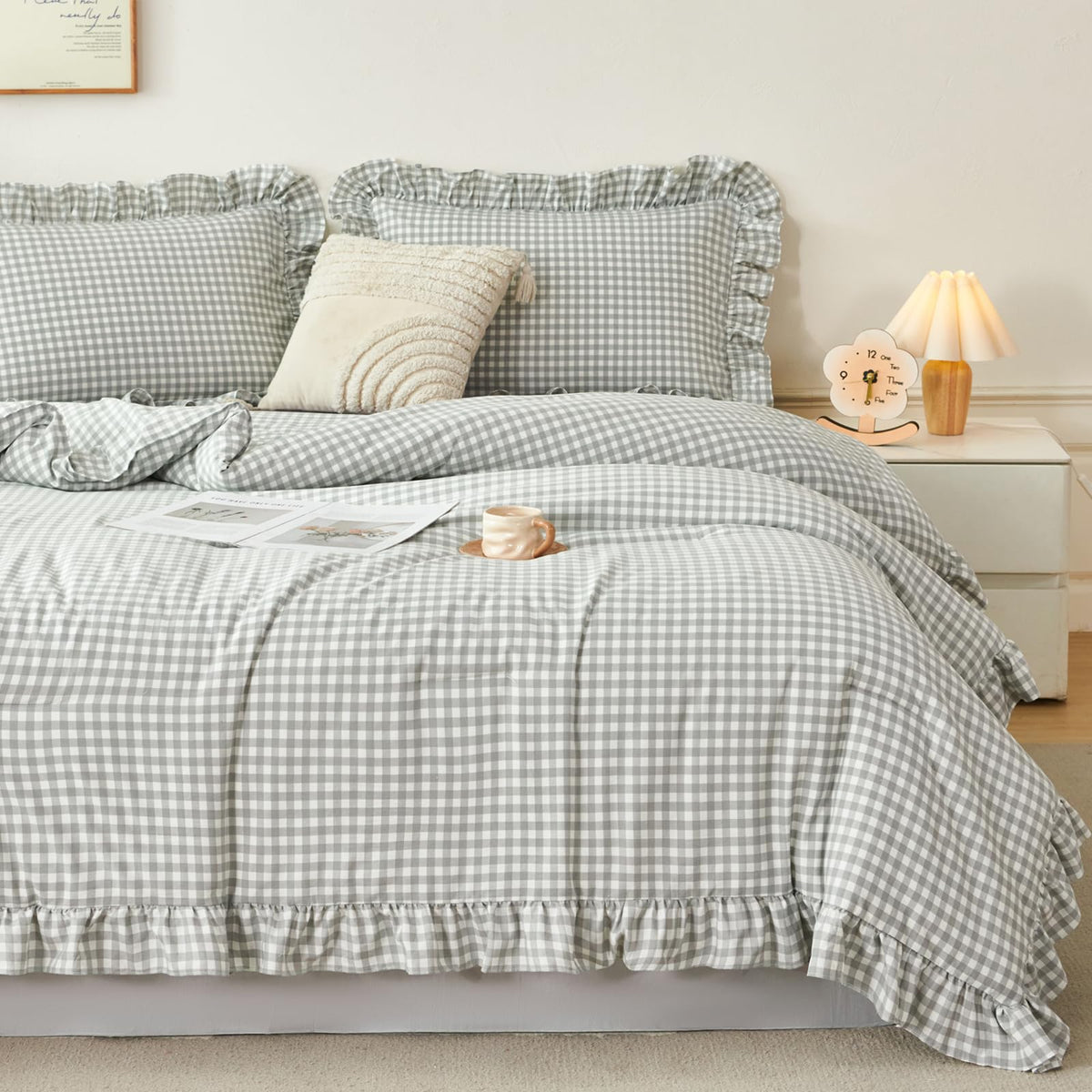 RYNGHIPY Yellow Gingham Comforter Set 5 Pcs Plaid Ruffle Full Bed in a Bag