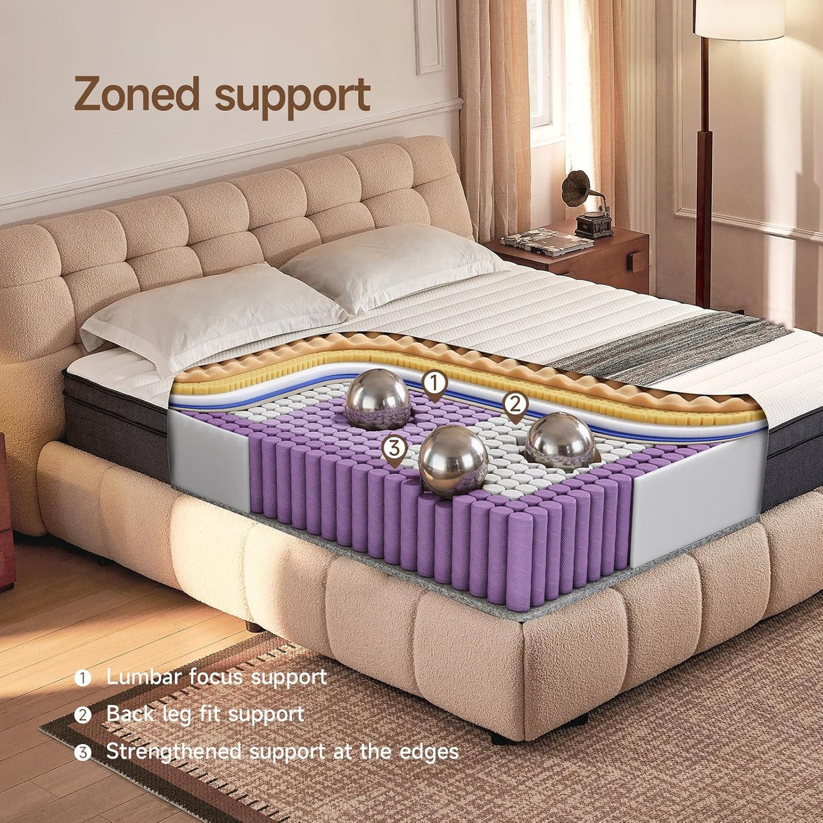 Queen Size Mattresses, Queen Mattress 12 Inch Hybrid Bed, Gel Memory Foam Pocket Coils, Full Zoned Support, Partner Disturbance Reduction, CertiPUR-US Certified