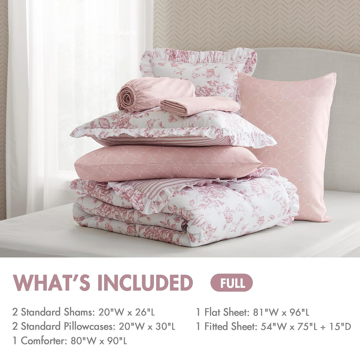 Madison Park Essentials Pink Floral Comforter Set with Sheets Full,7pc