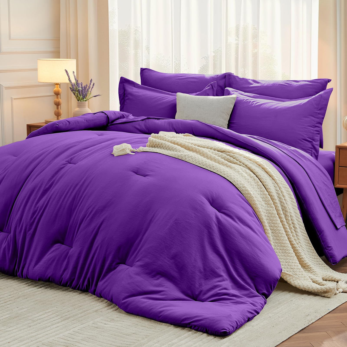 MUXHOMO 7 Pieces California King Comforter Set, Soft Bed in a Bag Cal King Size, All Season Bedding Set with Comforter, Flat Sheet, Fitted Sheet, Pillowcases & Shams, Beige