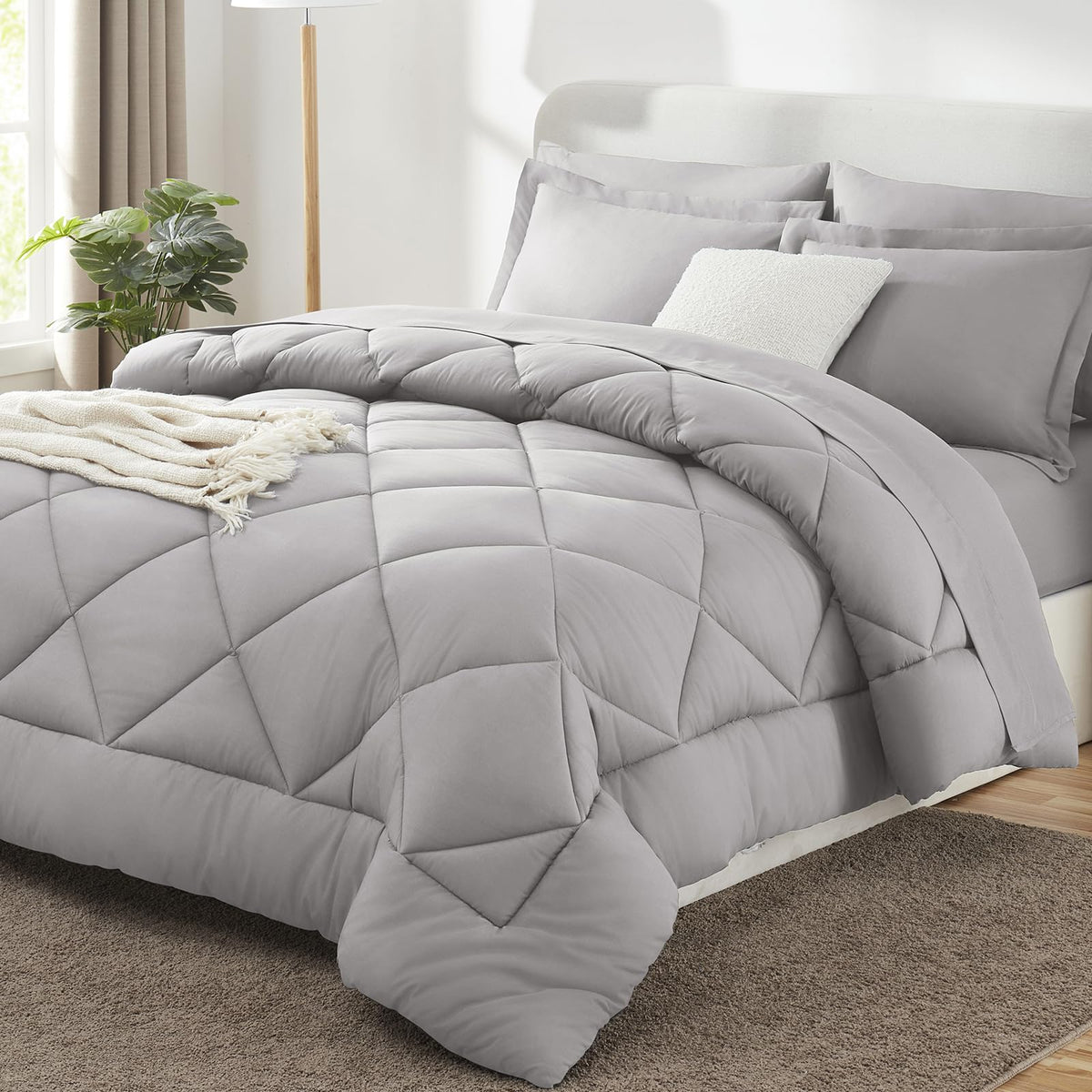CozyLux Queen Comforter Set 88"x88" Dark Grey - 7 Piece Bed in a Bag